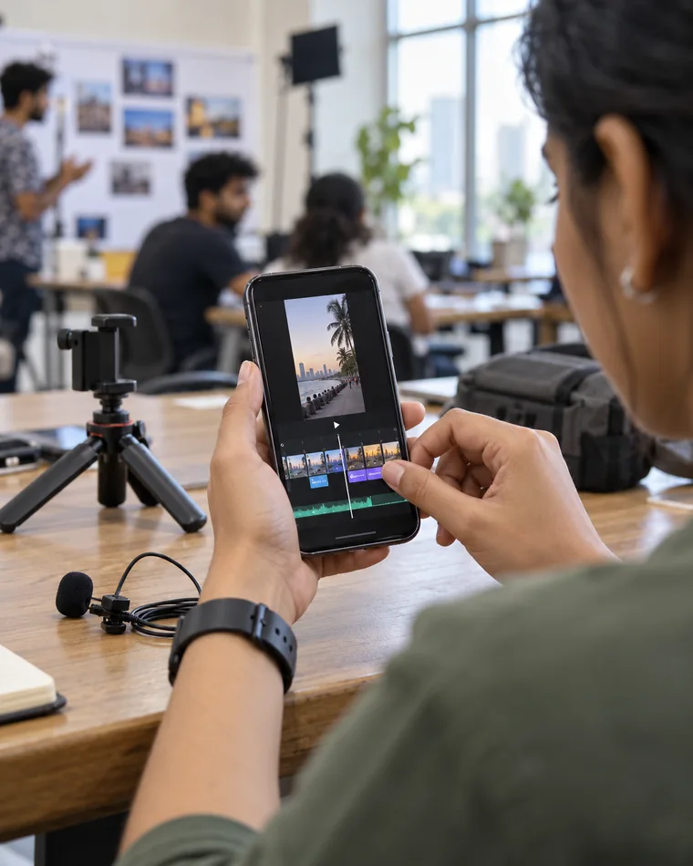 Mobile filmmaker editing a short video on a smartphone